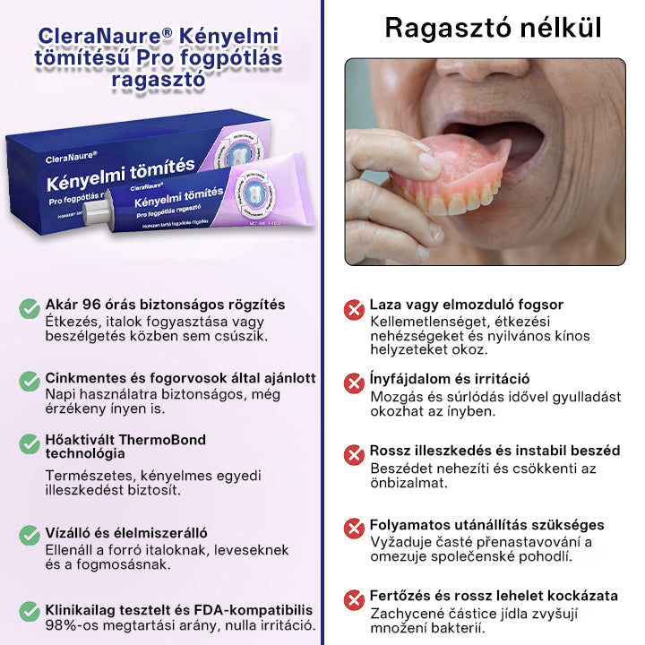 KORLÁTOZOTT KÜLÖNLEGES AJÁNLAT🦷🦷🦷🦷🦷 CleraNaure® Comfort Seal Pro Fogsor Ragasztó  FDA Tanúsítvánnyal-🌻